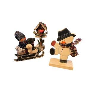 Vintage Display Christmas Fabric & Wood Figurines Snowman Cardinal